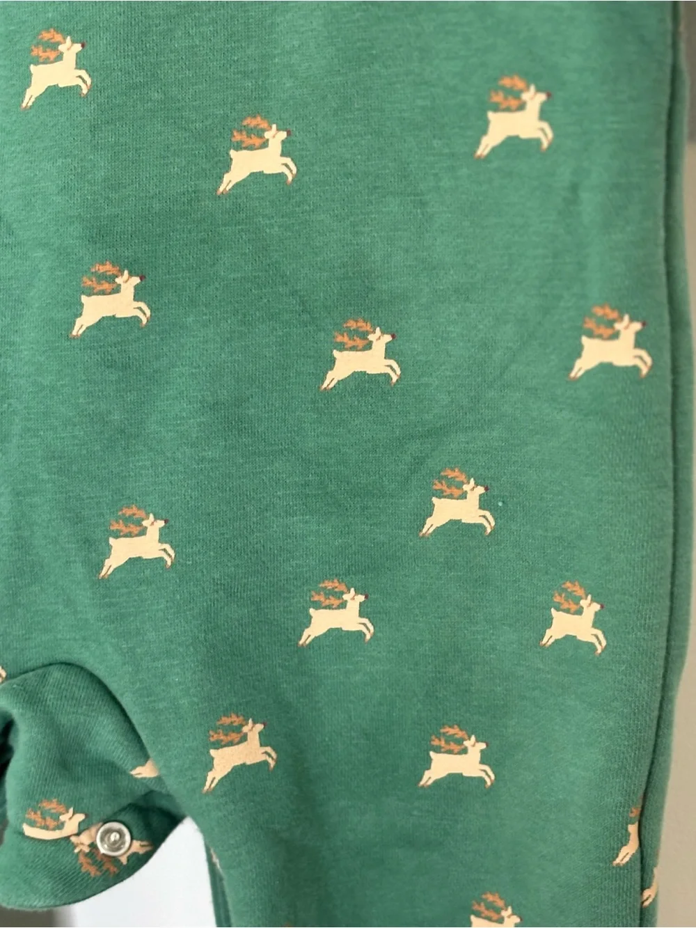 Kids One-Piece Green Reindeer Print Snap Fleece Sleepsuit Christmas Winter